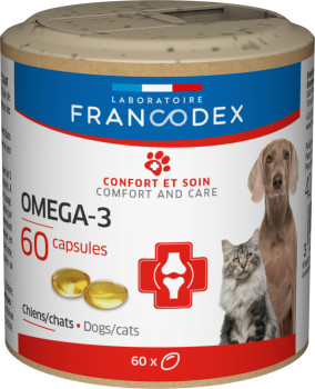 Вітаміни Francodex Omega-3 Dog Cat з Омега-3 у разі болю в суглобах у котів і собак, 60 капсул