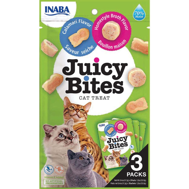Ласощі INABA "Juicy Bites" для котів, соковиті снеки зі смаком домашнього бульйону і кальмарів 3*11,3 гр