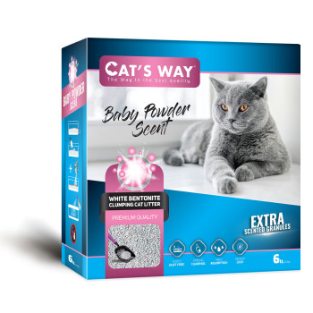 Cat's Way Box Baby Powder бентонітовий комкуючий наповнювач з ароматом дитячої пудри для котячих туалетів, рожеві гранули, 6 л