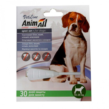 Animall spot-on &quot;vetline&quot; Анімал краплі від бліх і кліщів для собак вагою 10-20 кг, 1 піпетка х 4 мл