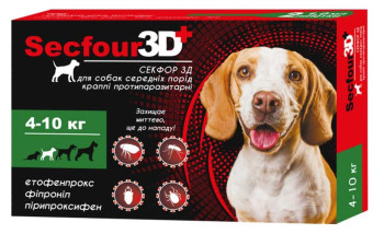 Краплі Secfour 3D для собак 1 мл, 4-10 кг 2 піп/уп.10шт (етофенпрокс/фіпроніл/пірипроксифен),захист від бліх і кліщів  4тиж.