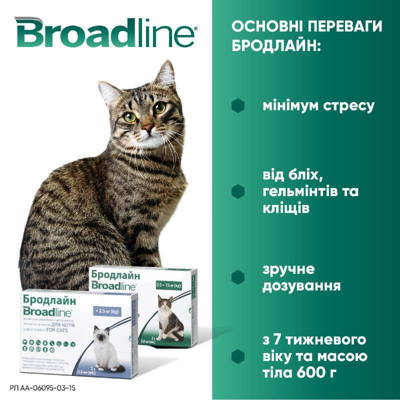 Бродлайн для кішок 2.5 - 7.5 кг Broadline краплі на холку від глистів бліх і кліщів, 3 піпетки