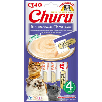 Ласощі INABA "Churu" для котів, вершковий мус в стіках, тунець/молюск 4*14 гр