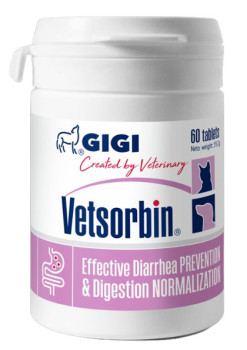 Ветсорбін Gigi Vetsorbin адсорбент для нормалізації роботи кишечника у маленьких собак та котів, 60 таблеток