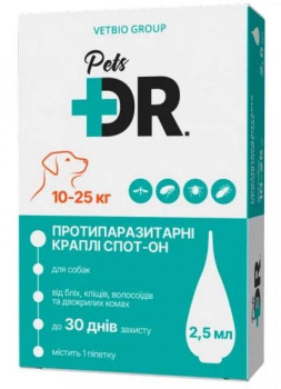 Доктор Петс Dr.Pets краплі від бліх та кліщів для собак вагою від 10 до 25 кг, 1 піпетка