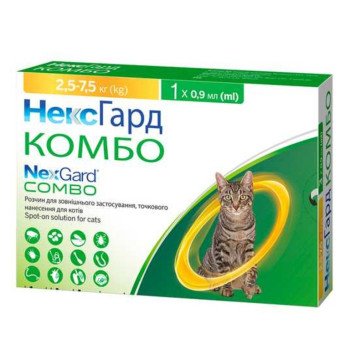 NexGard Combo Нексгард Комбо краплі від бліх, кліщів та гельмінтів для котів та кошенят вагою від 2,5 до 7,5 кг, 3 піпетки (5076)