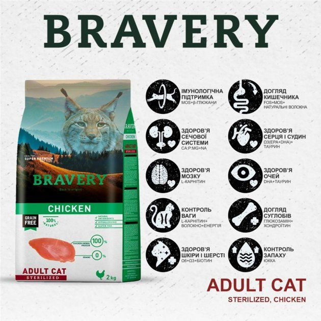 Бравери Bravery Chicken Sterilized сухой корм с курицей для стерилизованных кошек и кастрированных котов, 2 кг (7678)