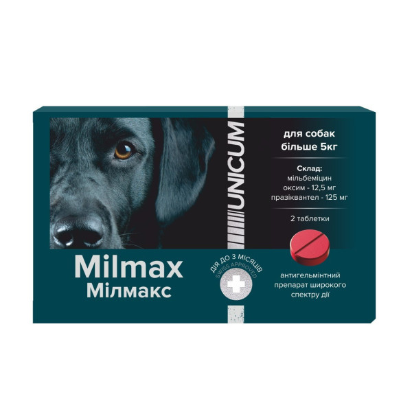 Таблетки Мілмакс для собак від 5х кг, 12,5/125 мг, 2 таб. Таблетки Мілмакс для собак від 5х кг, 12,5/125 мг, 2 таб.