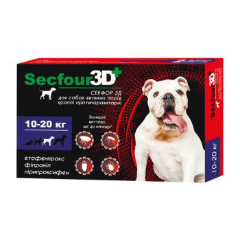 Краплі Secfour 3D для собак 2 мл, 10-20 кг 2 піп/уп.10шт (етофенпрокс/фіпроніл/пірипроксифен),захист від бліх і кліщів  4тиж.