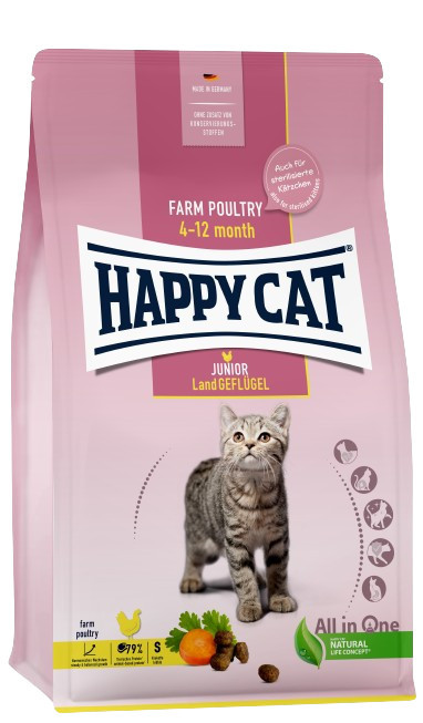 Happy Cat Junior Land Land Gefluger Farm Poultry сухий корм із фермерською птицею для кошенят від 4 до 12 місяців, 1,3 кг (70539)