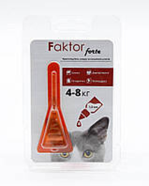 Фактор Форте Краплі Faktor forte для котов 4-8кг от блох, клещей, гельминтов, 1 мл Фактор Форте Краплі Faktor forte для котов 4-8кг от блох, клещей, гельминтов, 1 мл