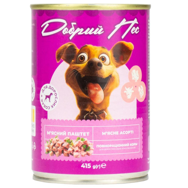 Корм Добрий Пес, для дорослих собак паштет м'ясне асорті, 415 гр. ж/б