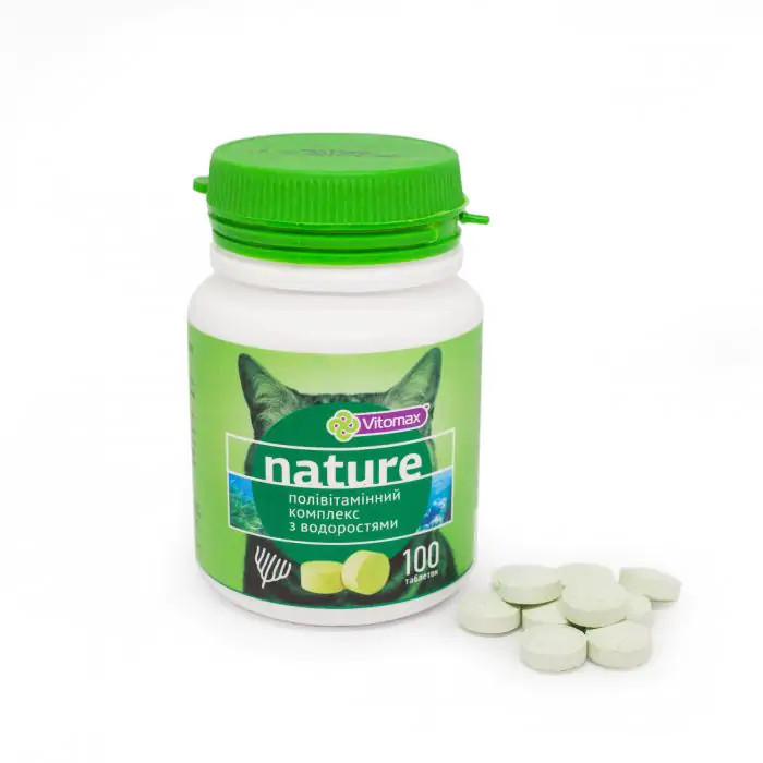 Вітомакс Vitomax Nature полівітамінний комплекс таблеток зі смаком водоростей для котів, 100 таблеток