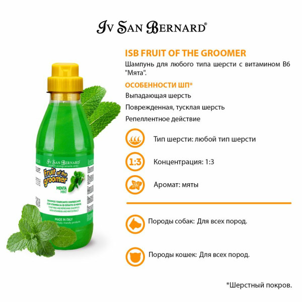 Шампунь М'ята Iv San Bernard Fruit of the Groomer Mint Shampoo з вітаміном В6 для собак та котів, 500 мл