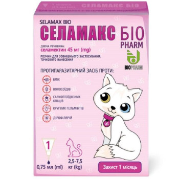 Селамакс Біо Selamax Bio краплі від глистів, бліх, кліщів для кішок вагою від 2,5 до 7,5 кг, 1 піпетка