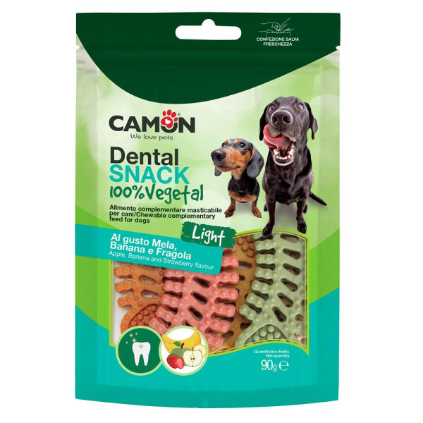 Ласощі для собак CAMON Dental Snak Mix, рибний скелет з солодкої картоплі зі смаком банана, полуниці, яблука, 90 гр, 8 см
