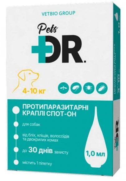 Доктор Петс Dr.Pets краплі від бліх та кліщів для собак вагою від 4 до 10 кг, 1 піпетка