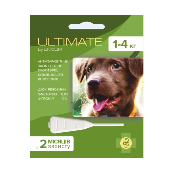 Краплі від бліх, кліщів, вошей та власоїдів ULTIMATE для собак 1-4 кг (s-метопрен, фіпр) 0,6 мл Краплі від бліх, кліщів, вошей та власоїдів ULTIMATE для собак 1-4 кг (s-метопрен, фіпр) 0,6 мл