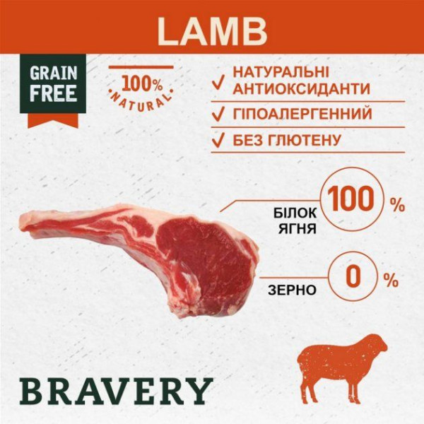 Бравері Bravery Lamb Mini Dog беззерновий сухий корм з ягням для собак дрібних порід вагою до 10 кг, 7 кг (6664)