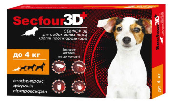 Краплі Secfour 3D для собак 0,5 мл, до 4кг 2 піп/уп.10шт (етофенпрокс/фіпроніл/пірипроксифен),захист від бліх і кліщів  4тиж.
