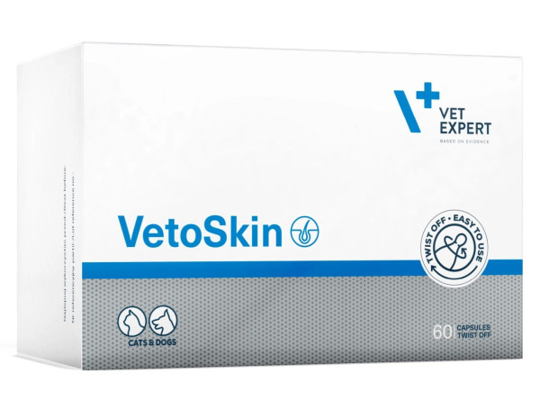 Ветоскін Vetoskin Vetexpert харчова добавка при дерматологічних захворюваннях шкіри у собак і кішок, 60 капсул (у блістерах)