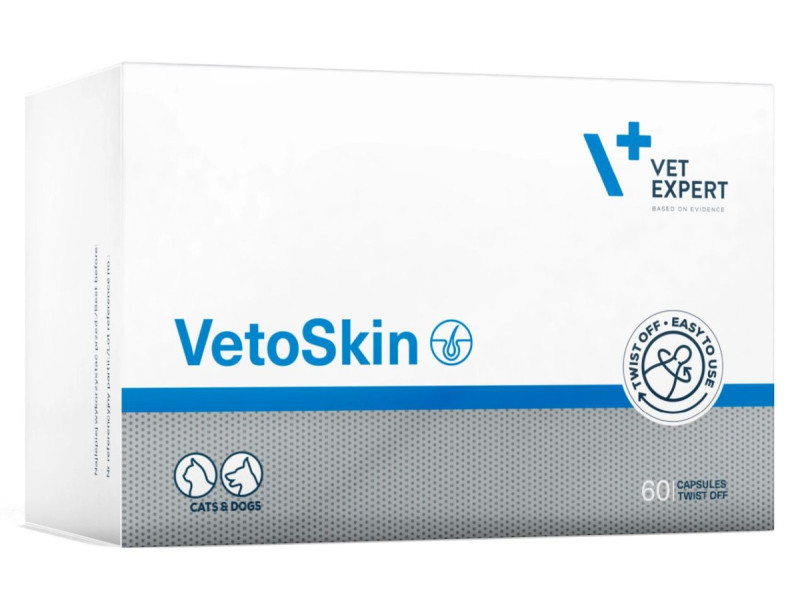 Ветоскін Vetoskin Vetexpert харчова добавка при дерматологічних захворюваннях шкіри у собак і кішок, 60 капсул (у блістерах)