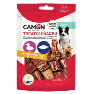 Ласощі для собак CAMON м'ясні кубики з качки та тріски, 80 гр, 2*1,5 см
