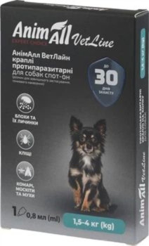 Animall spot-on "vetline" Анімал краплі від бліх і кліщів для собак вагою 1,5 - 4 кг, 1 піпетка х 0,8 мл
