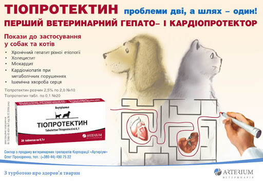Тіопротектин таблетки по 0,1 гр, гепатопротектор і кардіопротектор для кішок і собак, 20 таблеток