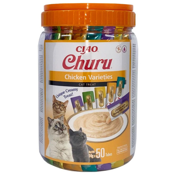 Ласощі INABA "Churu" для котів, вершковий мус в стіках, "Різновиди курки" * 14 гр (50 шт.уп.) продаж упаковкою