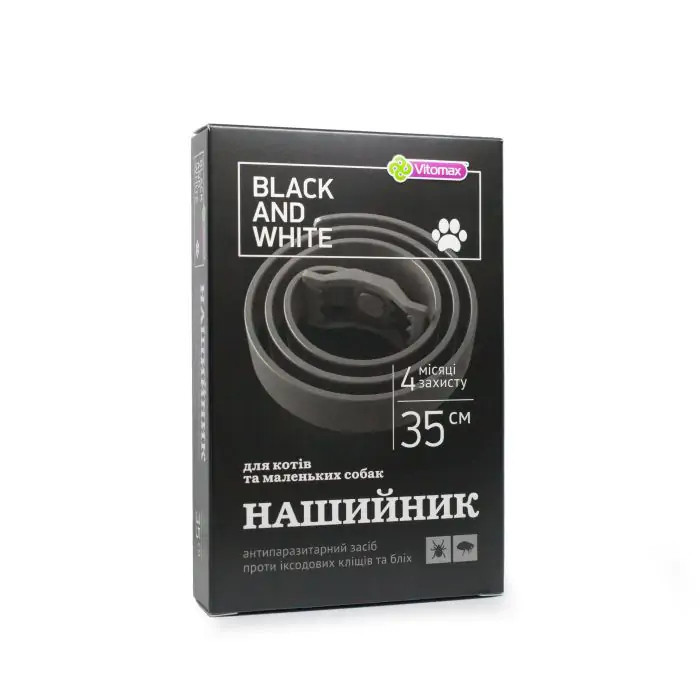 Нашийник Вітомакс Vitomax Black &amp; White від бліх і кліщів для котів і дрібних собак, чорний, 35 см