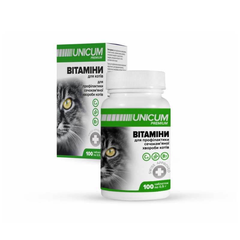 Вітаміни UNICUM premium для профілактики сечокам'яної хвороби котів 100 табл., 50г/10