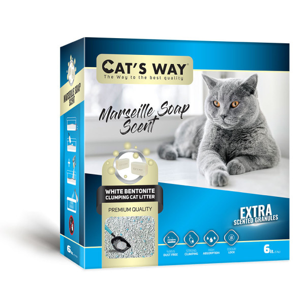 Cat's Way Box Marseille Soa бентонітовий наповнювач з ароматом марсельського мила для котячих туалетів, бірюзові гранули, 6 л