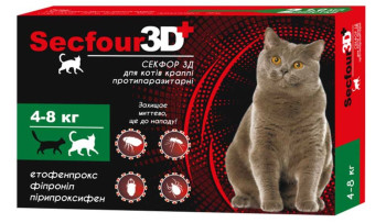 Краплі Secfour 3D для котів 1 мл, 4-8 кг 2 піп/уп.10шт (етофенпрокс/фіпроніл/пірипроксифен),захист від бліх і кліщів  4тиж.