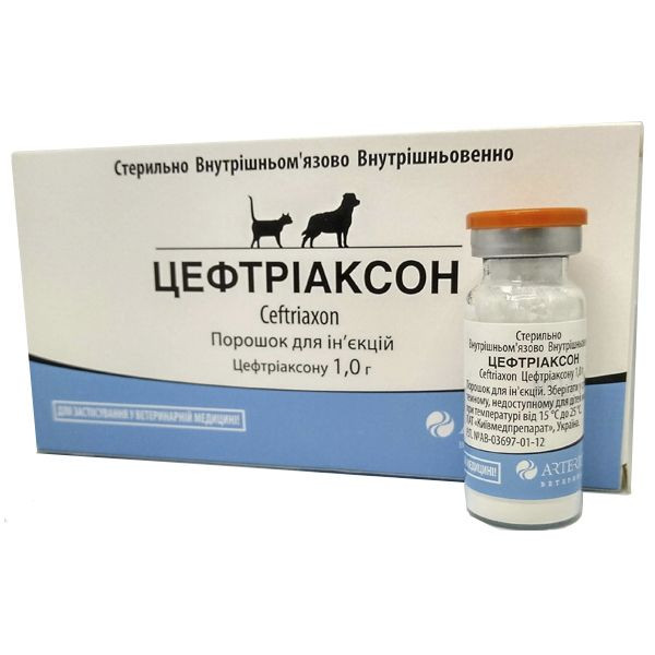 Цефтріаксон Артеріум ін'єкційний антибіотик для собак і котів, 1 флакон х 1 гр