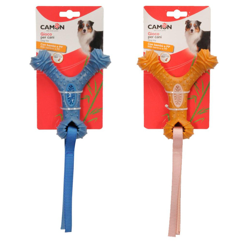 Іграшка для собак CAMON кісточка з бамбуку та стрічками для ласощів, 15 см