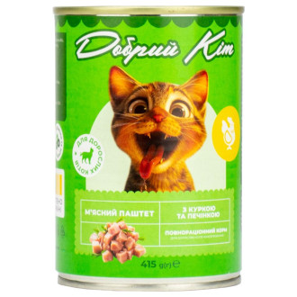 Корм Добрий Кіт, для дорослих котів паштет з куркою та печінкою, 415 гр. ж/б