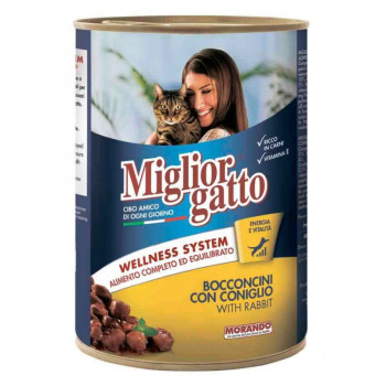 Морандо Morando Migliorgatto Wellness System Rabbit шматочки кролика в соусі, вологий корм для кішок, 6 консервів по 405 гр