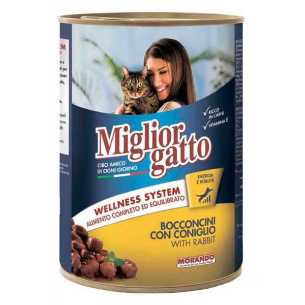 Морандо Morando Migliorgatto Wellness System Rabbit шматочки кролика в соусі, вологий корм для кішок, 6 консервів по 405 гр