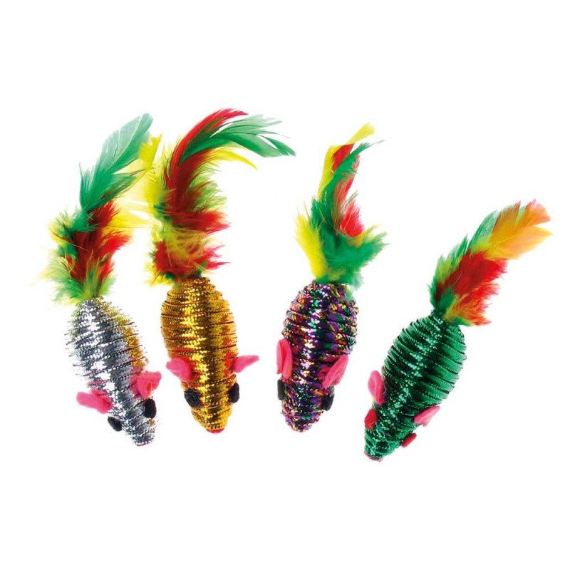 Іграшка для котів TETRAPET, мотузкова мишка з кольоровим пір'ям, 5 см