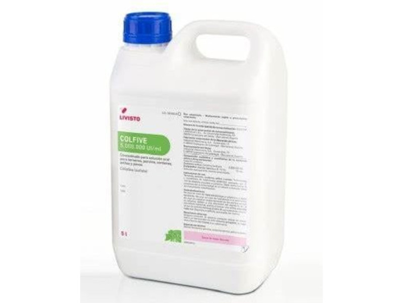 Колфайв (5 млн МО) при захворюваннях травного тракту у телят, ягнят (віком до 3 місяців), свиней і домашньої птиці, 5 л