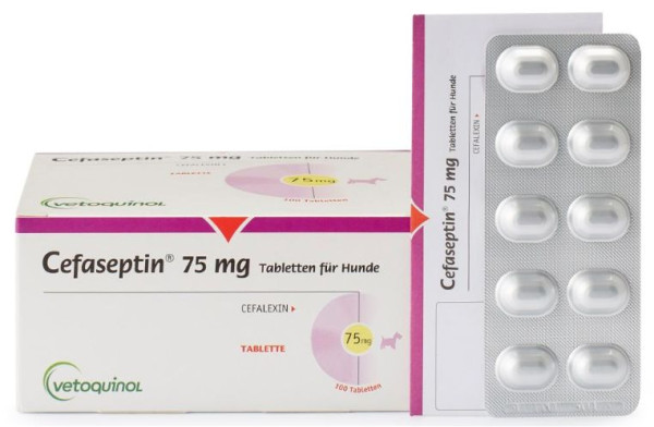 Цефасептин 75 мг Cefaseptin антибіотик для собак при захворюваннях шкіри, сечовивідних шляхів, 10 таблеток (1 таблетка на 5 кг)
