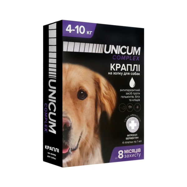 Краплі від бліх, кліщів та гельмінтів на холку для собак Unicum COMPLEX 4-10 кг (івермектин+фіпр.)/1 Краплі від бліх, кліщів та гельмінтів на холку для собак Unicum COMPLEX 4-10 кг (івермектин+фіпр.)/1