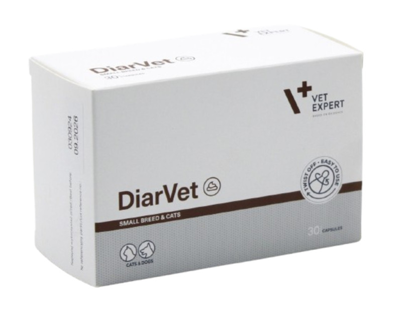 Діарвет DiarVet VetExpert (бентоніт, інулін, пектин, таніни) проти діареї у котів і собак дрібних порід, 30 капсул