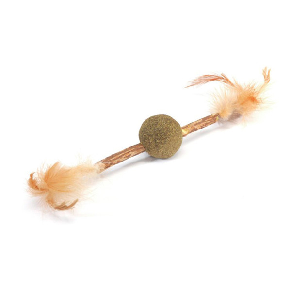 Іграшка для котів CAMON паличка Мататабі (срібляста лоза) з м'ячиком з котячої м'яти та пір'ям, 30 см, Ø 3,5 см