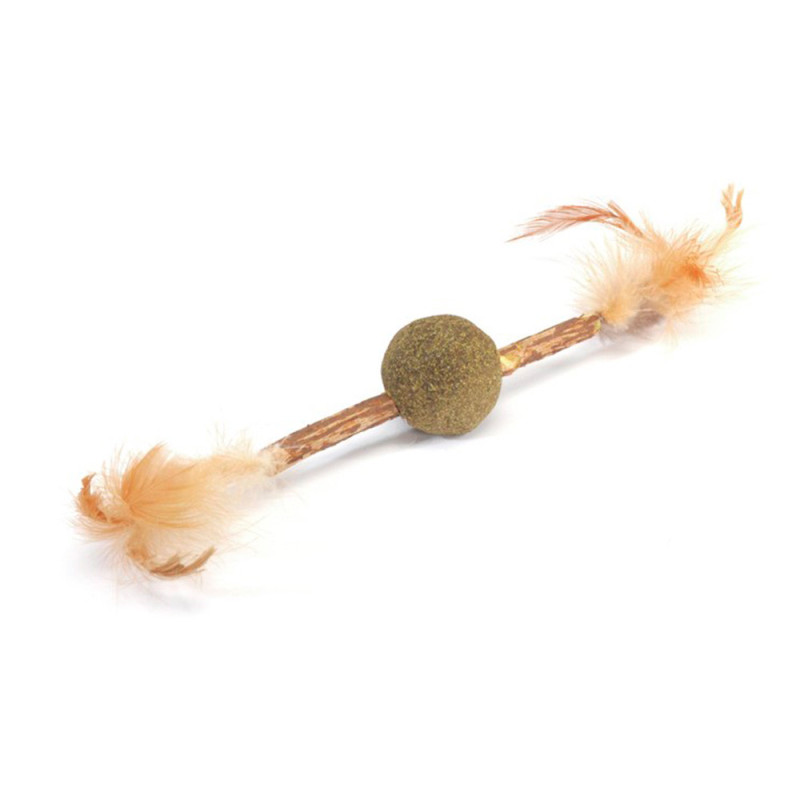 Іграшка для котів CAMON паличка Мататабі (срібляста лоза) з м'ячиком з котячої м'яти та пір'ям, 30 см, Ø 3,5 см