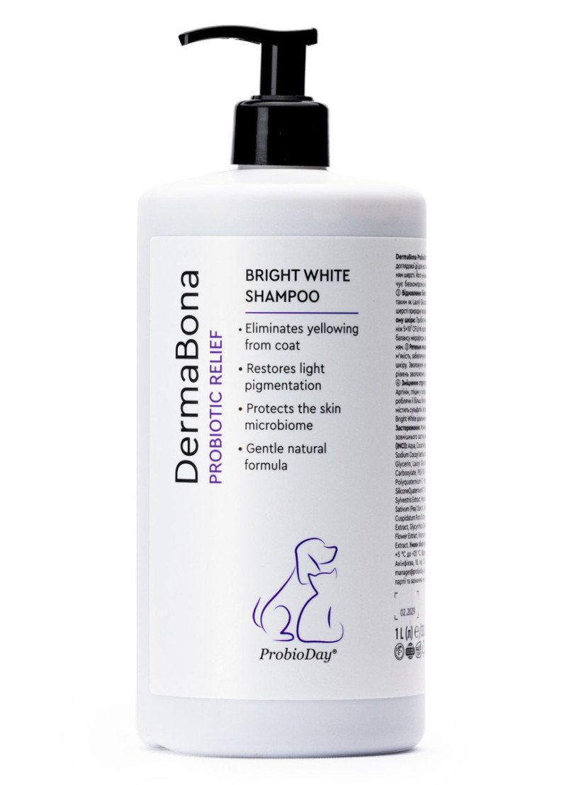 Шампунь DermaBona ProbioDay Bright White Probiotic Relife Shampoo з пробіотиками для білих собак і котів, 1 л
