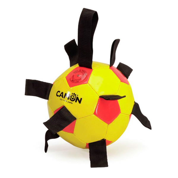 Іграшка для собак CAMON м'яч футбольний з ПВХ розмір 5 з поліестеровими ручками, жовто/червоний, 21 см