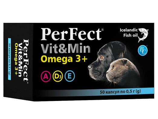 Perfect Vit&amp;Min Omega 3+ вітаміни для собак і кішок з риб'ячим жиром, 50 капсул по 0,5 гр