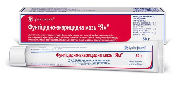 Фунгіцидно-акарицидна мазь Ям при трихофітії, екземах, дерматитах, некробактеріозі, копитній гнилі, 50 гр